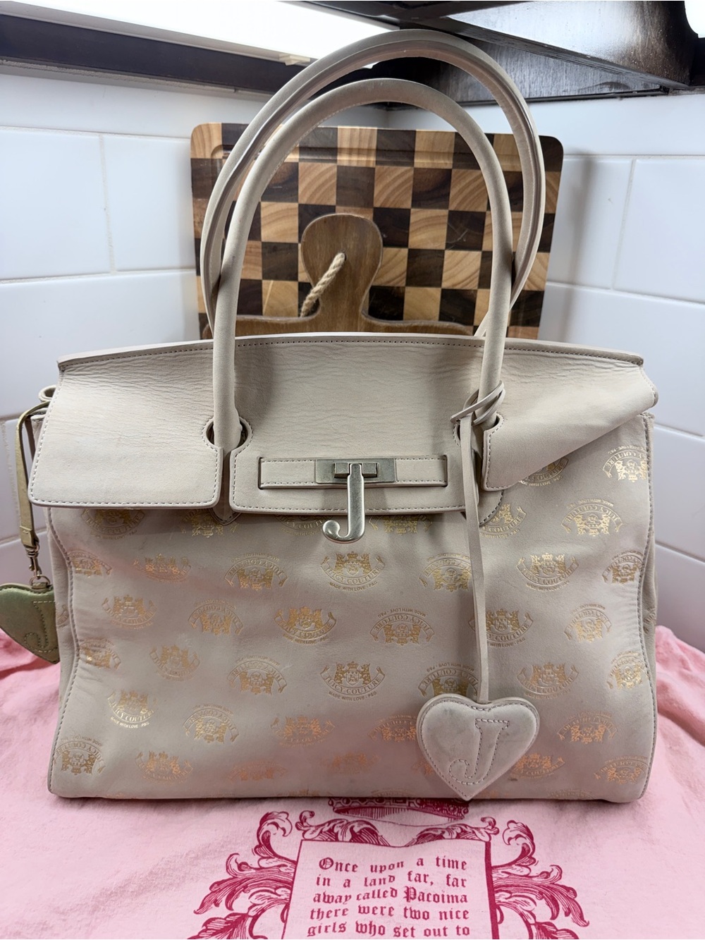 Juicy Couture Y2K Cream Leather Gold Crest Monogram Tote Bag Dust Bag